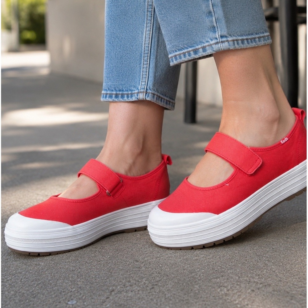 Keds Coral Red Mary Jane Platform Canvas Sneakers Womens 10 WF68129
